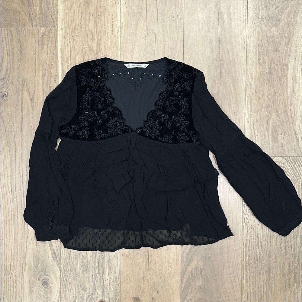 Zara Black Sheer and Velvet Embroidered Blouse
